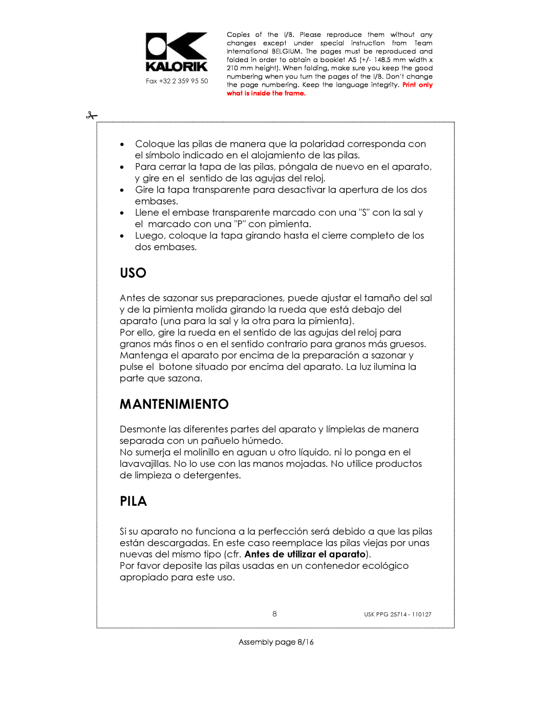 Kalorik USK PPG 25714 manual Mantenimiento, Pila, Assembly page 8/16 