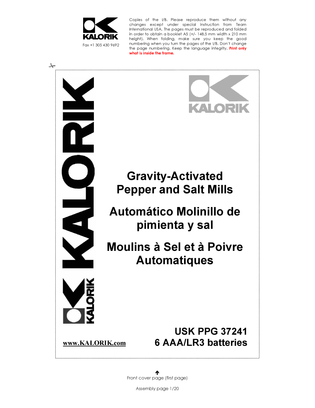 Kalorik manual USK PPG 37241 6 AAA/LR3 batteries, Front cover page first Assembly page 1/20 