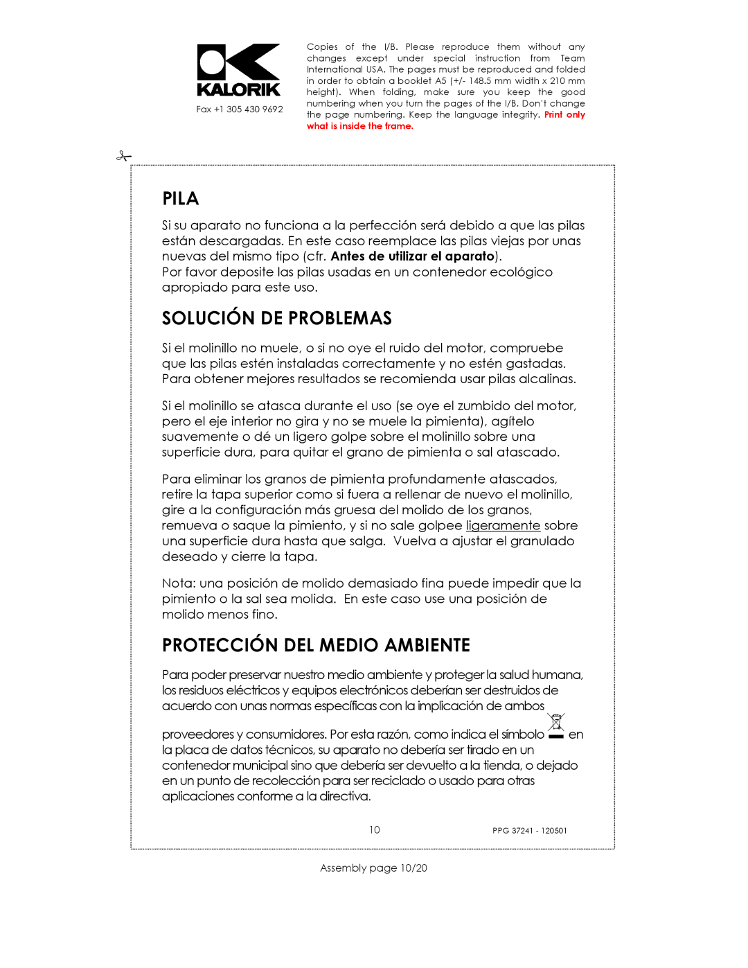 Kalorik USK PPG 37241 manual Pila, Solución DE Problemas, Protección DEL Medio Ambiente, Assembly page 10/20 