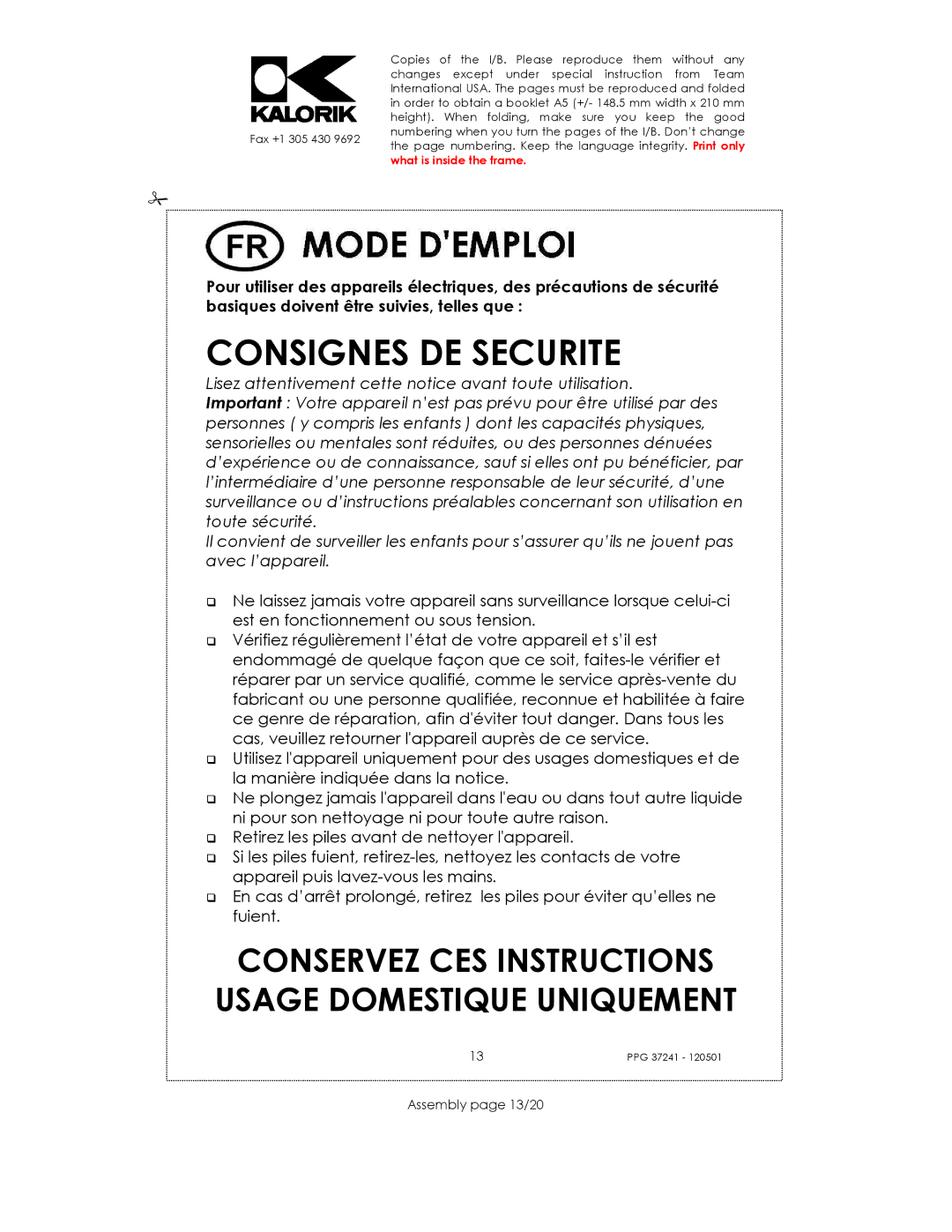 Kalorik USK PPG 37241 manual Consignes DE Securite, Assembly page 13/20 