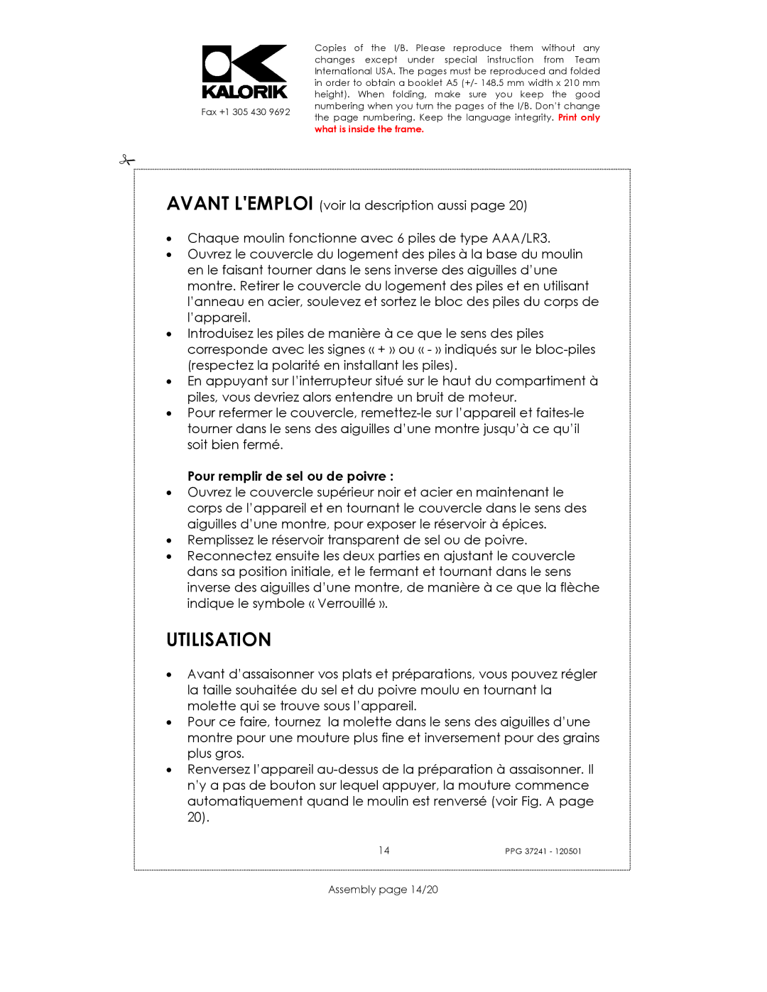 Kalorik USK PPG 37241 manual Utilisation, Pour remplir de sel ou de poivre, Assembly page 14/20 