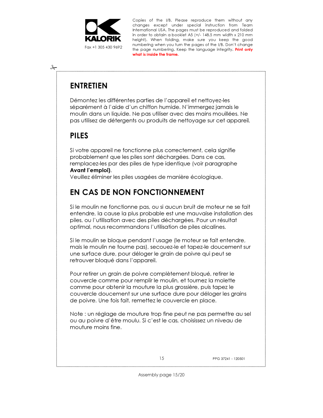 Kalorik USK PPG 37241 manual Entretien, Piles, EN CAS DE NON Fonctionnement, Assembly page 15/20 