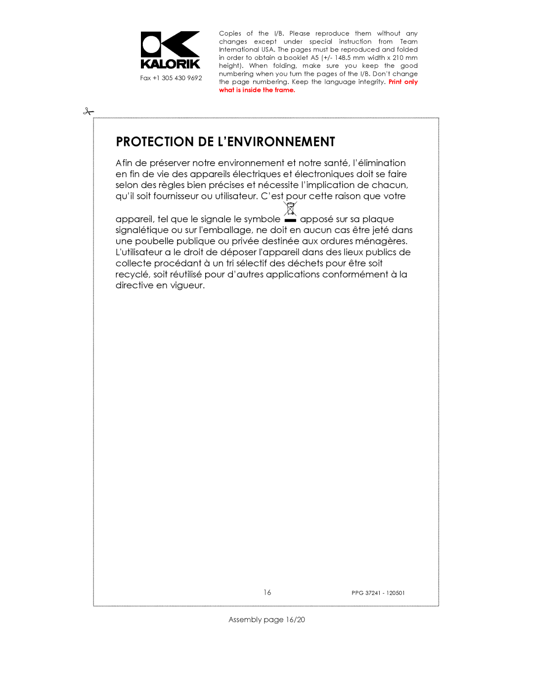 Kalorik USK PPG 37241 manual Protection DE L’ENVIRONNEMENT, Assembly page 16/20 