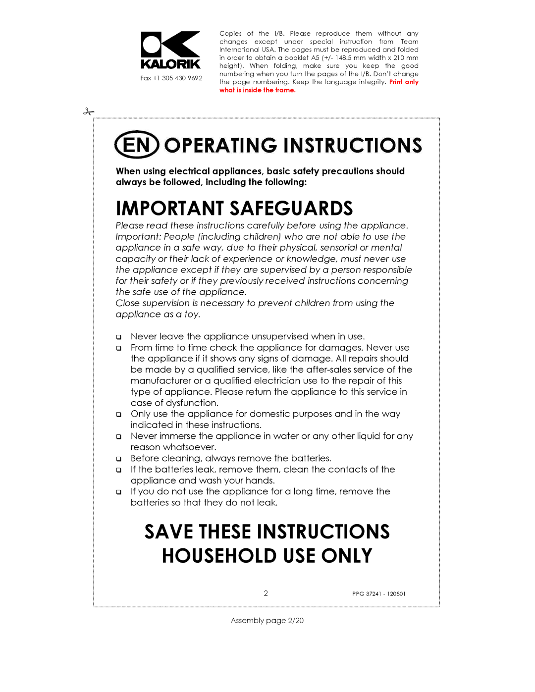 Kalorik USK PPG 37241 manual Important Safeguards, Assembly page 2/20 