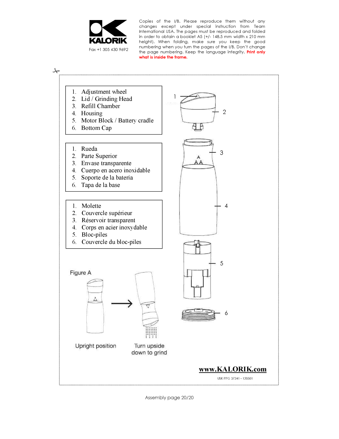 Kalorik USK PPG 37241 manual Assembly page 20/20 