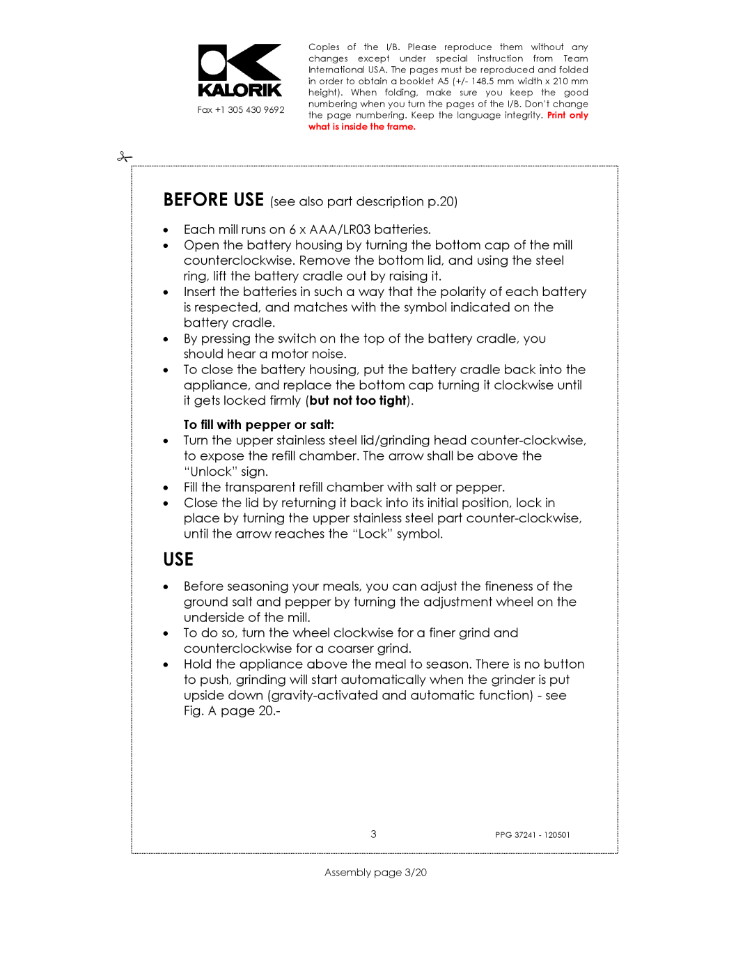 Kalorik USK PPG 37241 manual Use, To fill with pepper or salt, Assembly page 3/20 