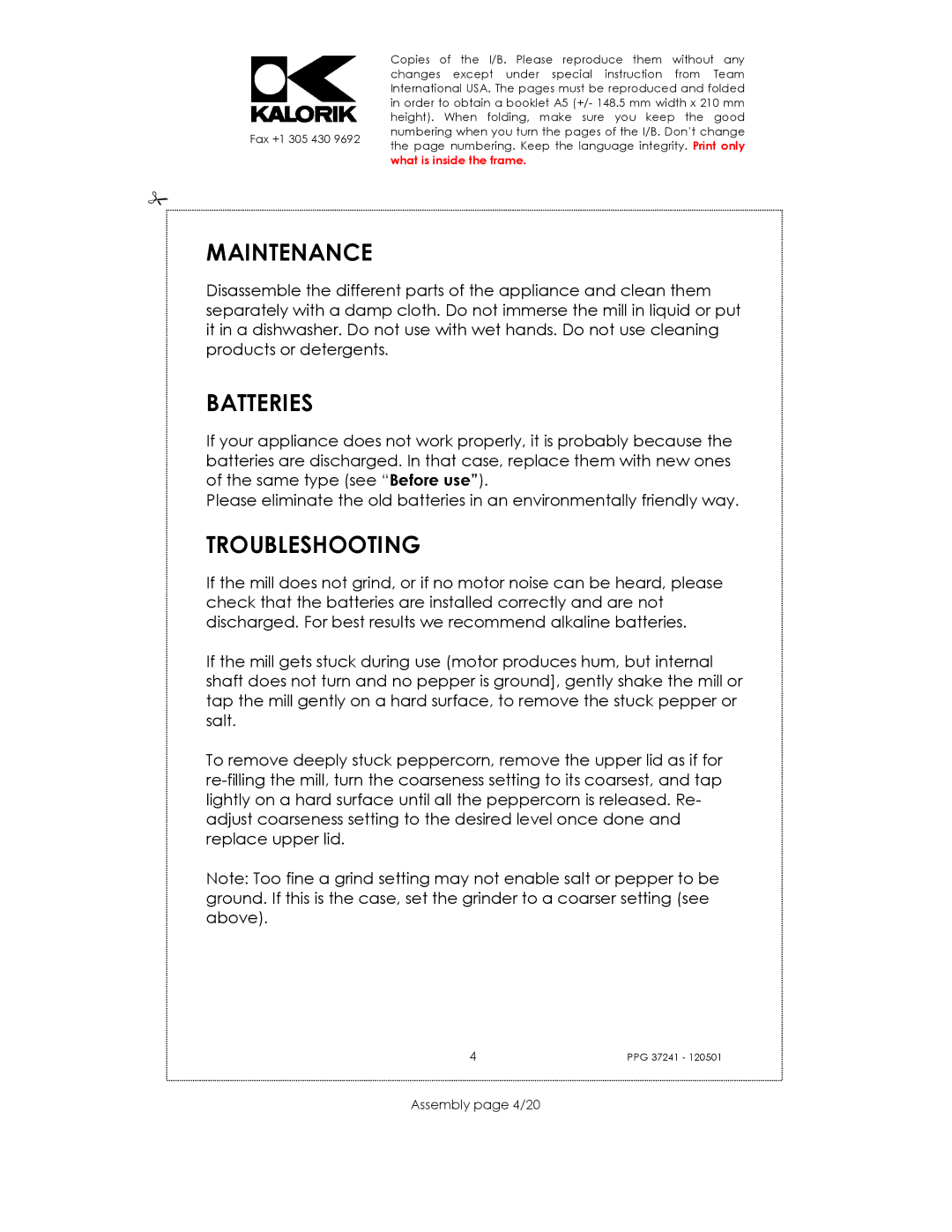 Kalorik USK PPG 37241 manual Maintenance, Batteries, Troubleshooting, Assembly page 4/20 