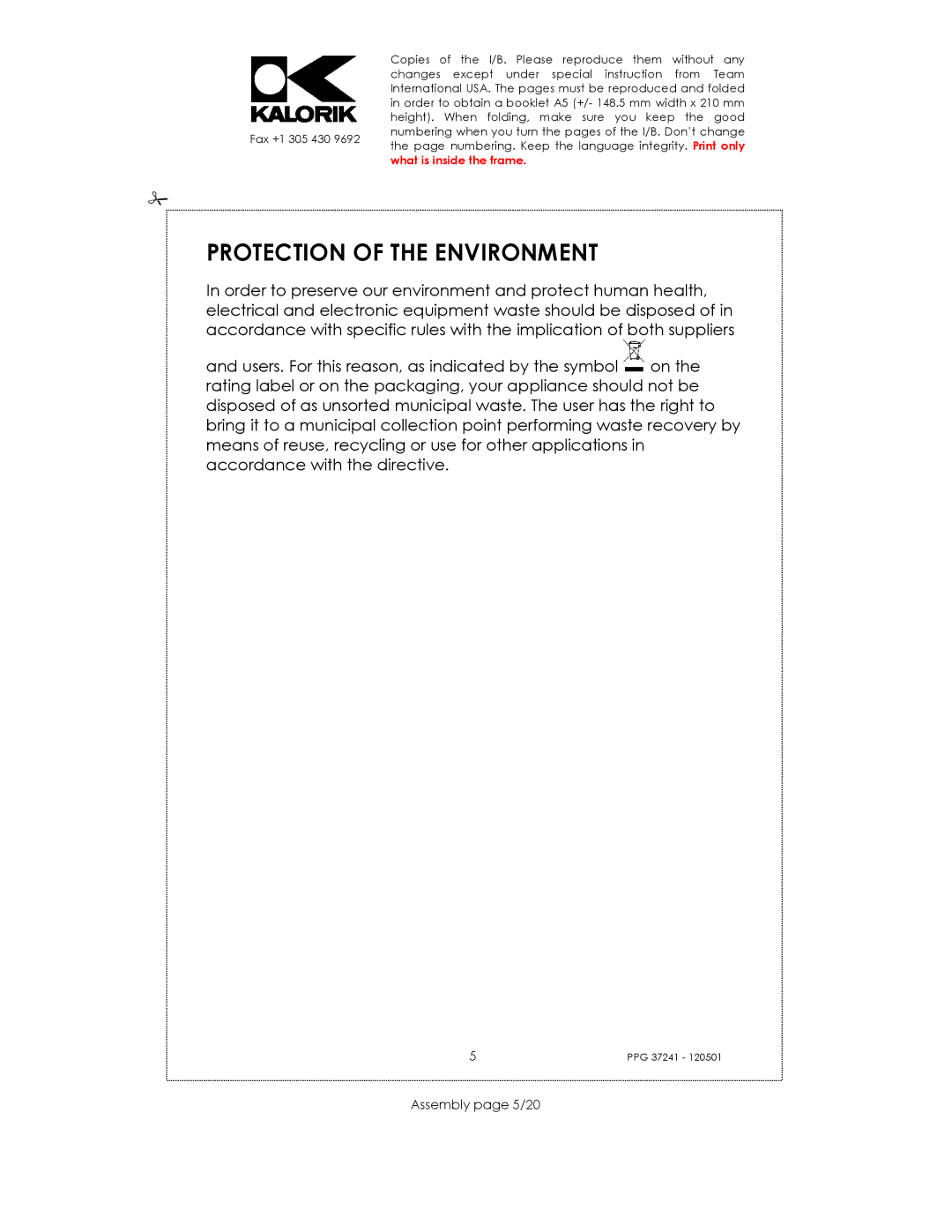 Kalorik USK PPG 37241 manual Protection of the Environment, Assembly page 5/20 