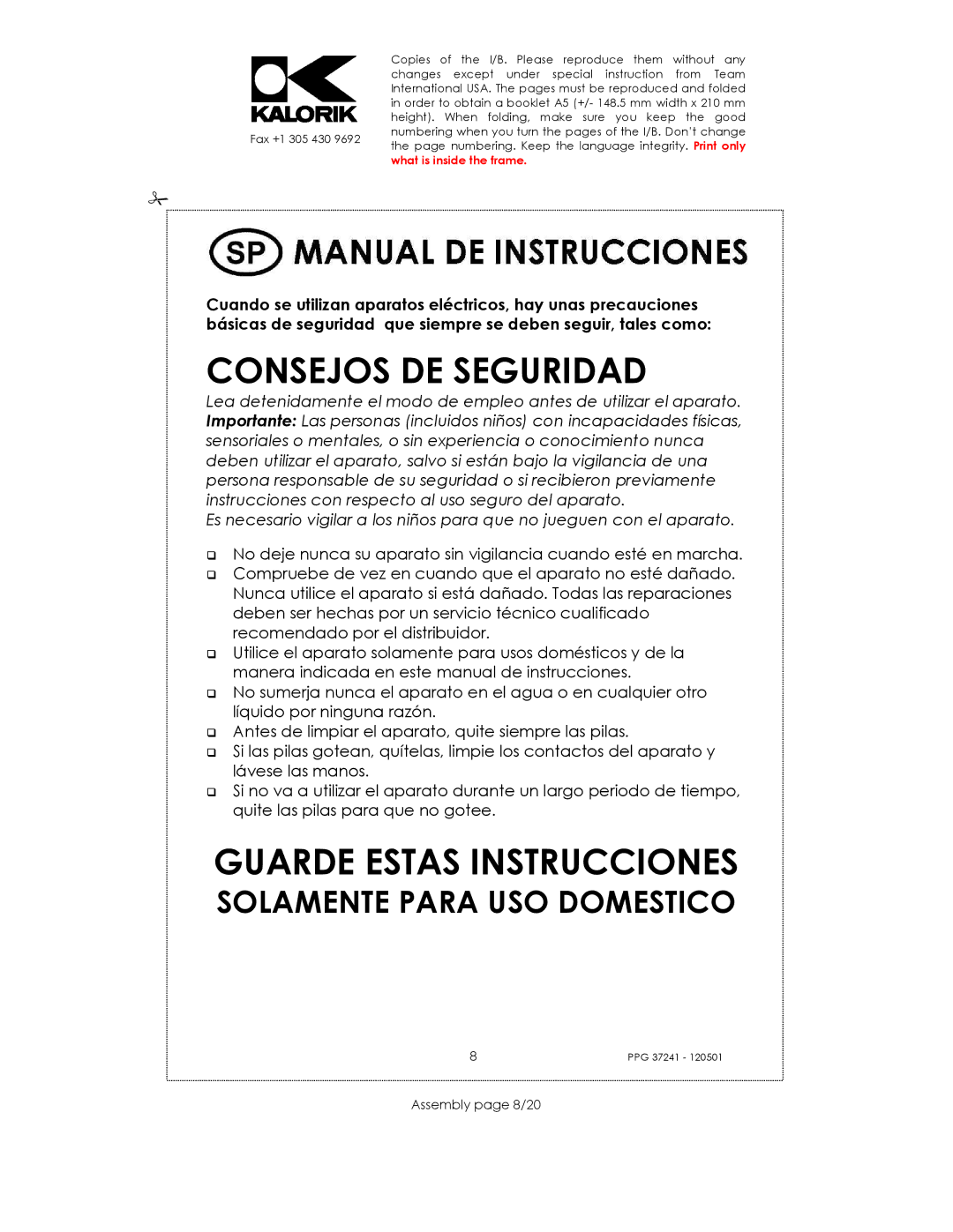 Kalorik USK PPG 37241 manual Consejos DE Seguridad, Assembly page 8/20 