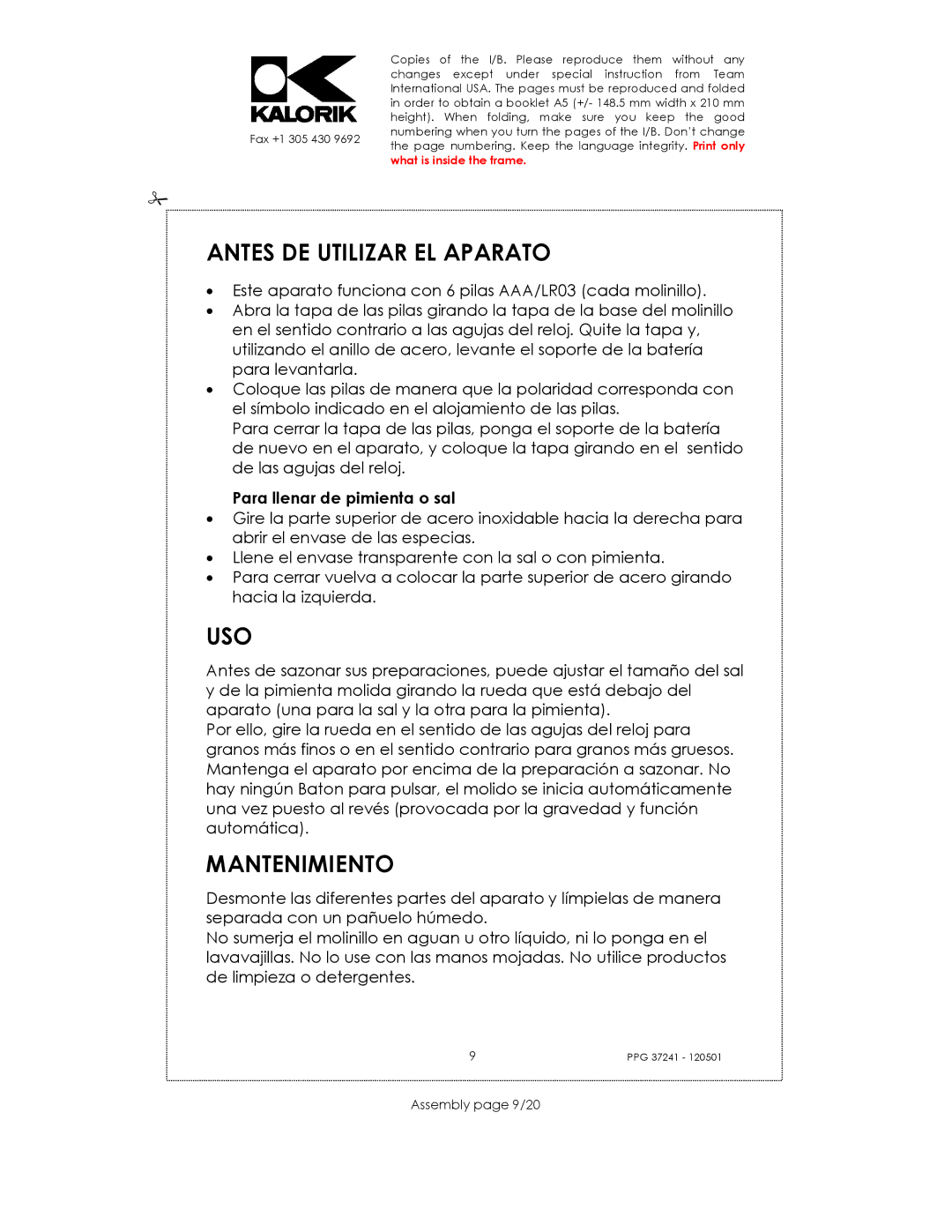 Kalorik USK PPG 37241 Antes DE Utilizar EL Aparato, Uso, Mantenimiento, Para llenar de pimienta o sal, Assembly page 9/20 