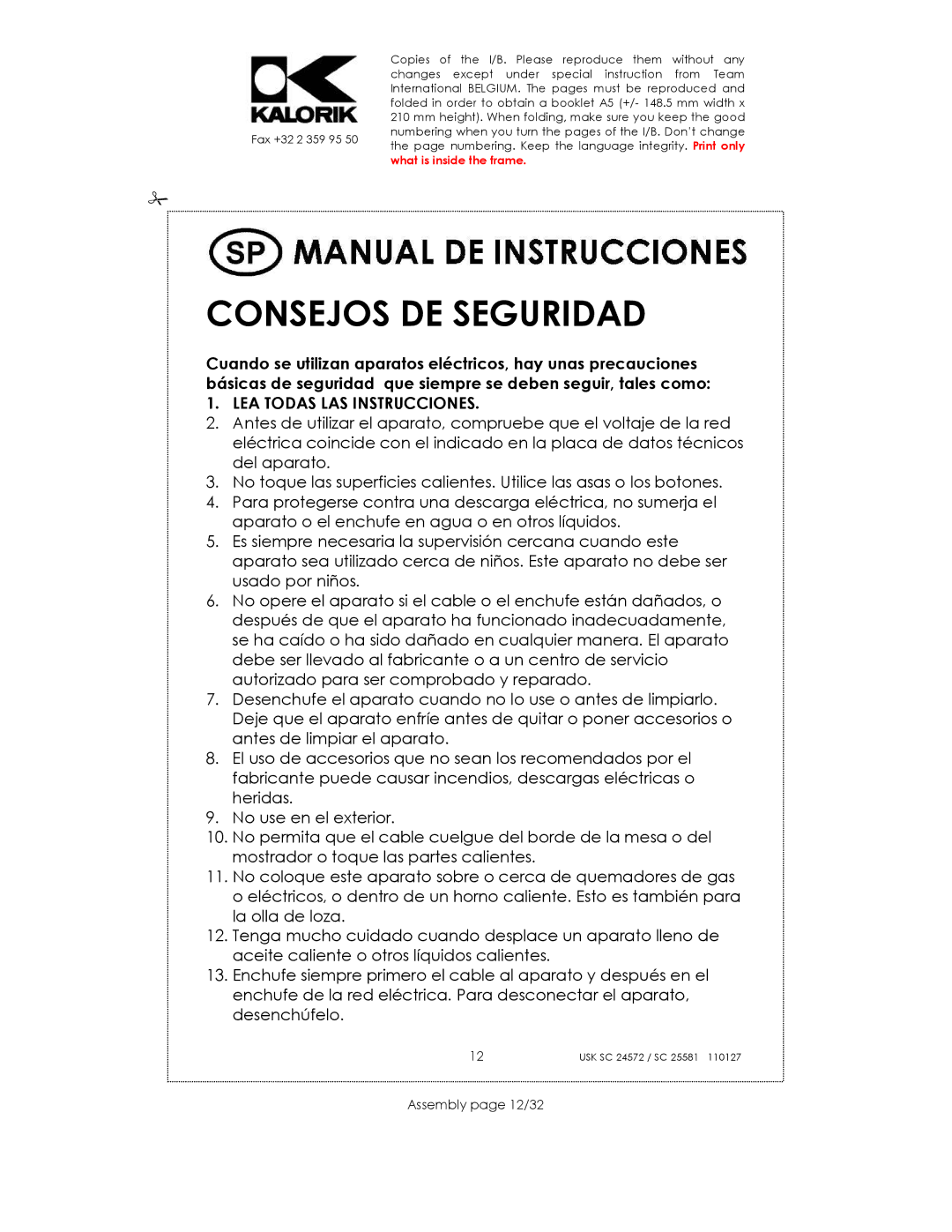 Kalorik usk sc 32553, usk sc 24752 manual Consejos DE Seguridad, Assembly page 12/32 