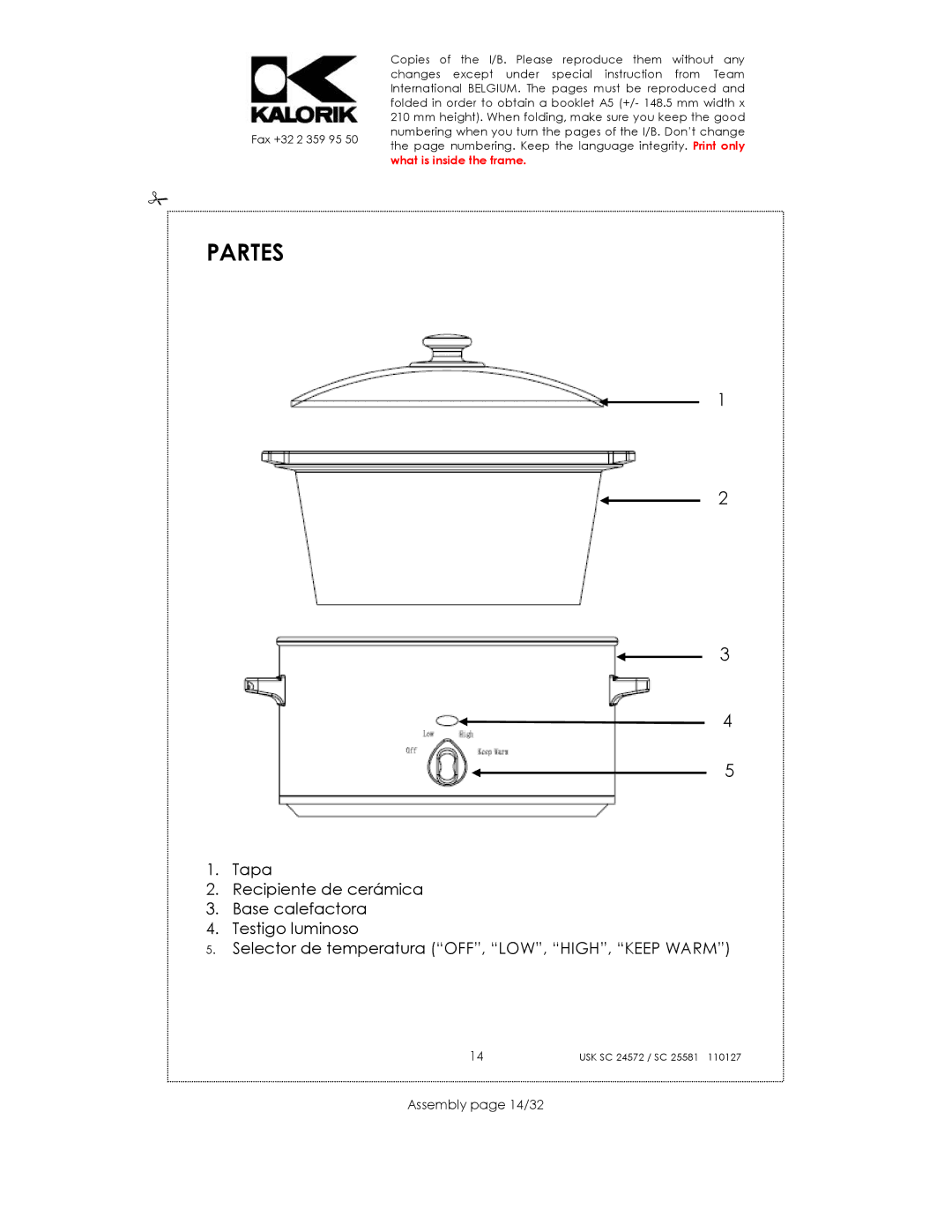 Kalorik usk sc 32553, usk sc 24752 manual Partes, Assembly page 14/32 