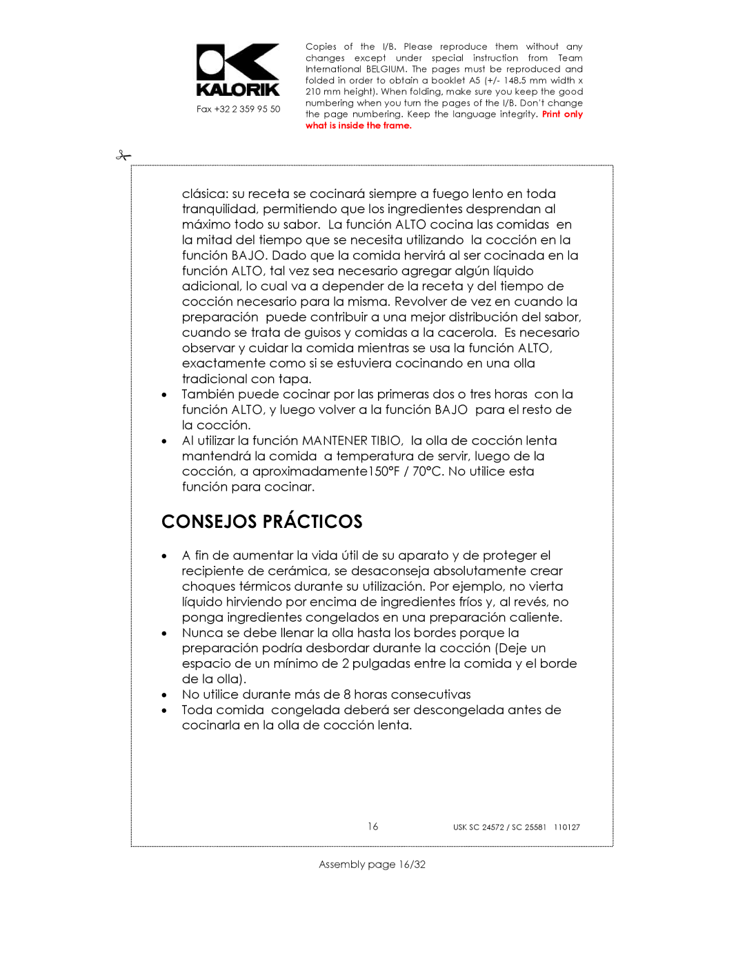 Kalorik usk sc 32553, usk sc 24752 manual Consejos Prácticos, Assembly page 16/32 