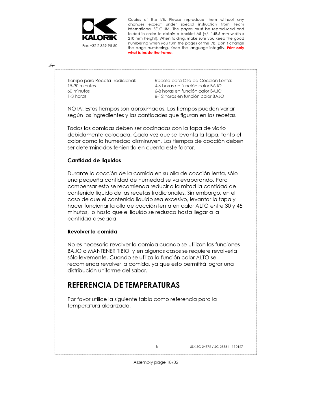 Kalorik usk sc 32553 manual Referencia DE Temperaturas, Cantidad de líquidos, Revolver la comida, Assembly page 18/32 