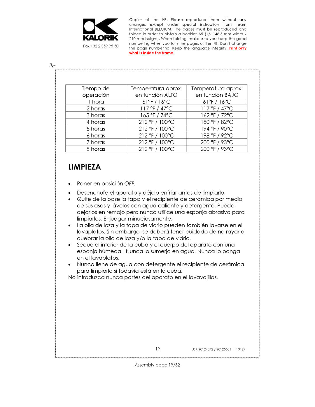 Kalorik usk sc 24752, usk sc 32553 manual Limpieza, Assembly page 19/32 