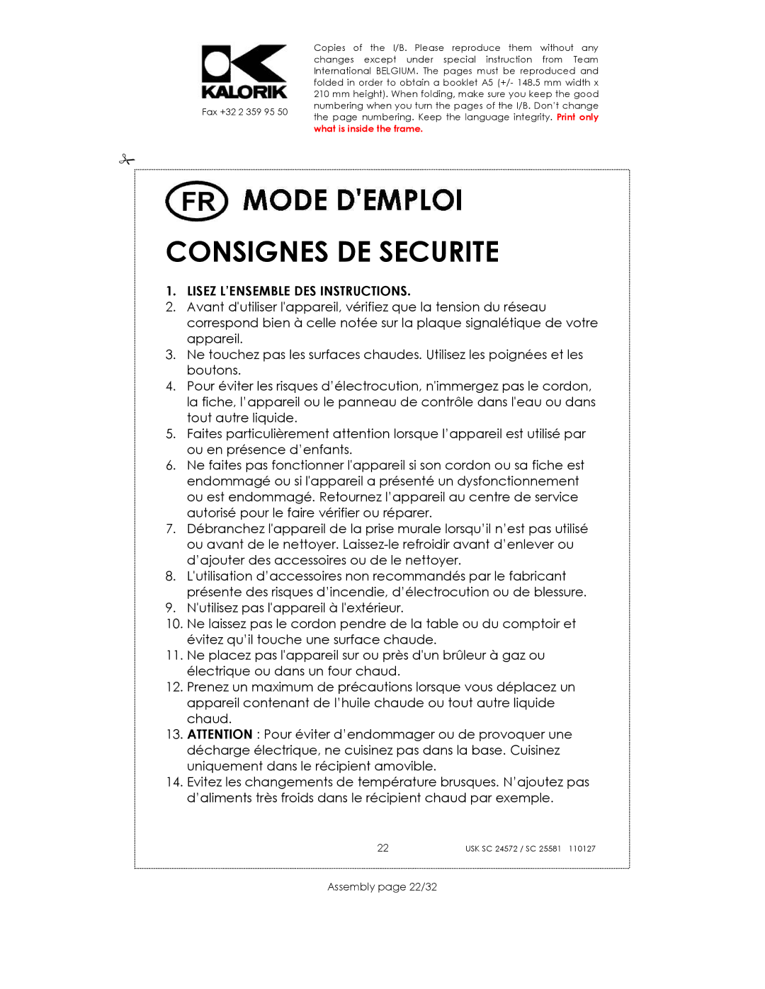 Kalorik usk sc 32553, usk sc 24752 manual Consignes DE Securite, Assembly page 22/32 