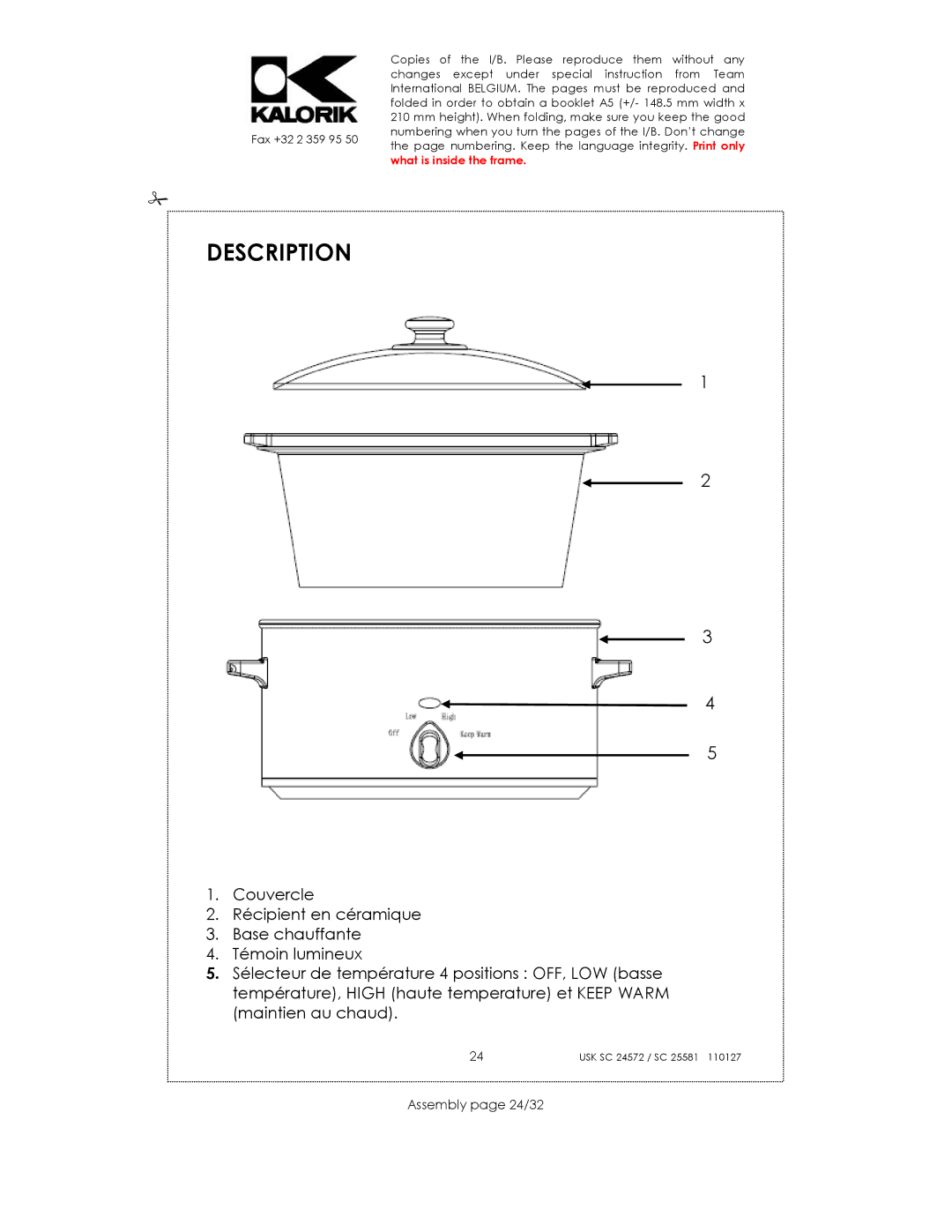 Kalorik usk sc 32553, usk sc 24752 manual Description, Assembly page 24/32 