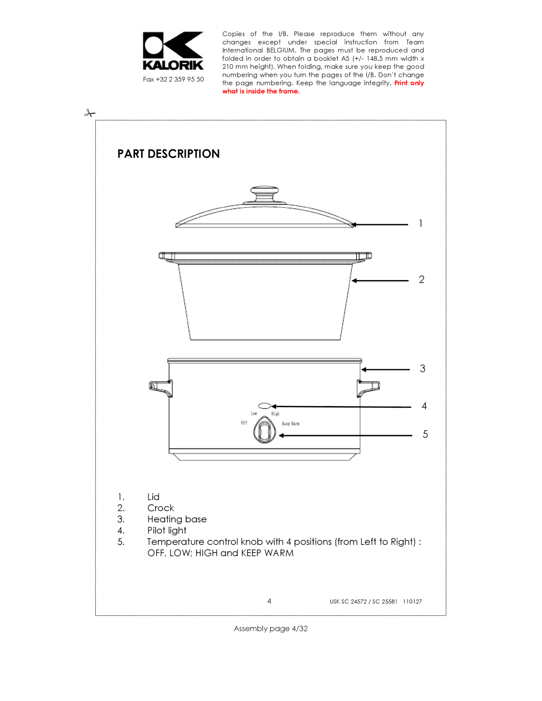 Kalorik usk sc 32553, usk sc 24752 manual Part Description, Assembly page 4/32 