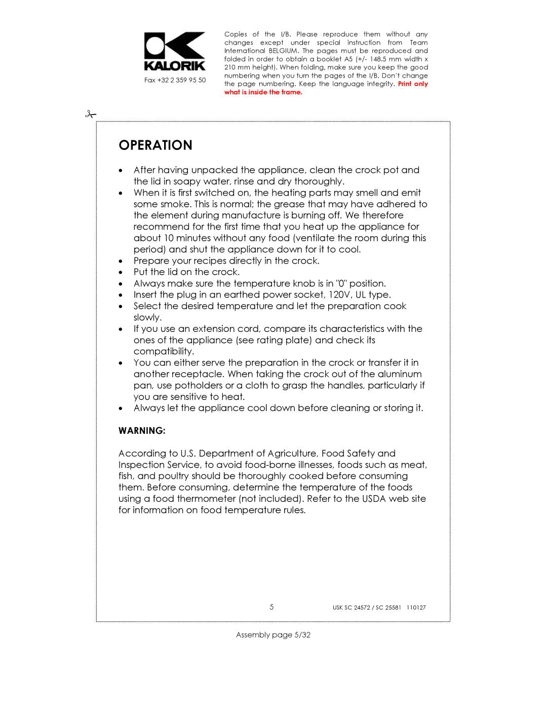 Kalorik usk sc 24752, usk sc 32553 manual Operation, Assembly page 5/32 