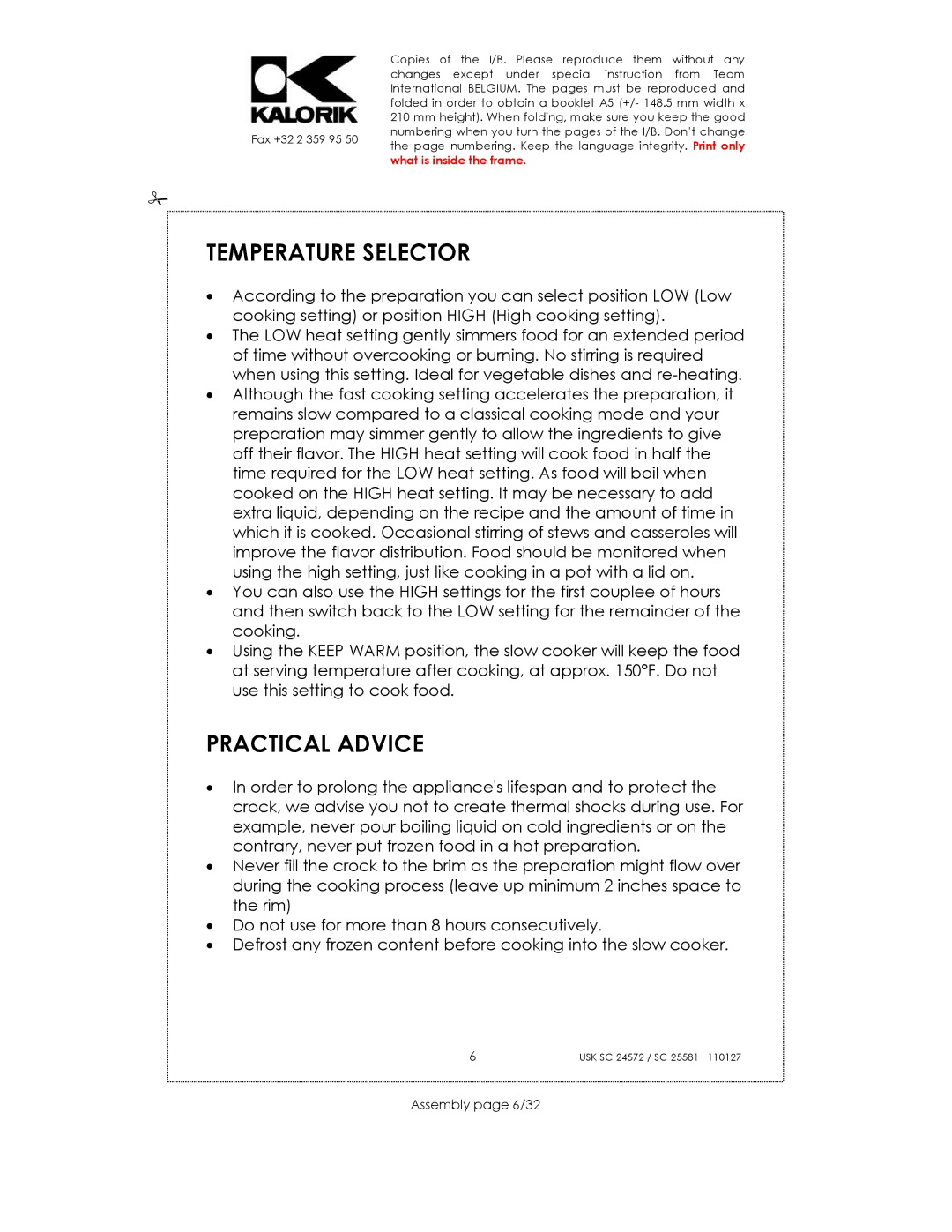 Kalorik usk sc 32553, usk sc 24752 manual Temperature Selector, Practical Advice, Assembly page 6/32 