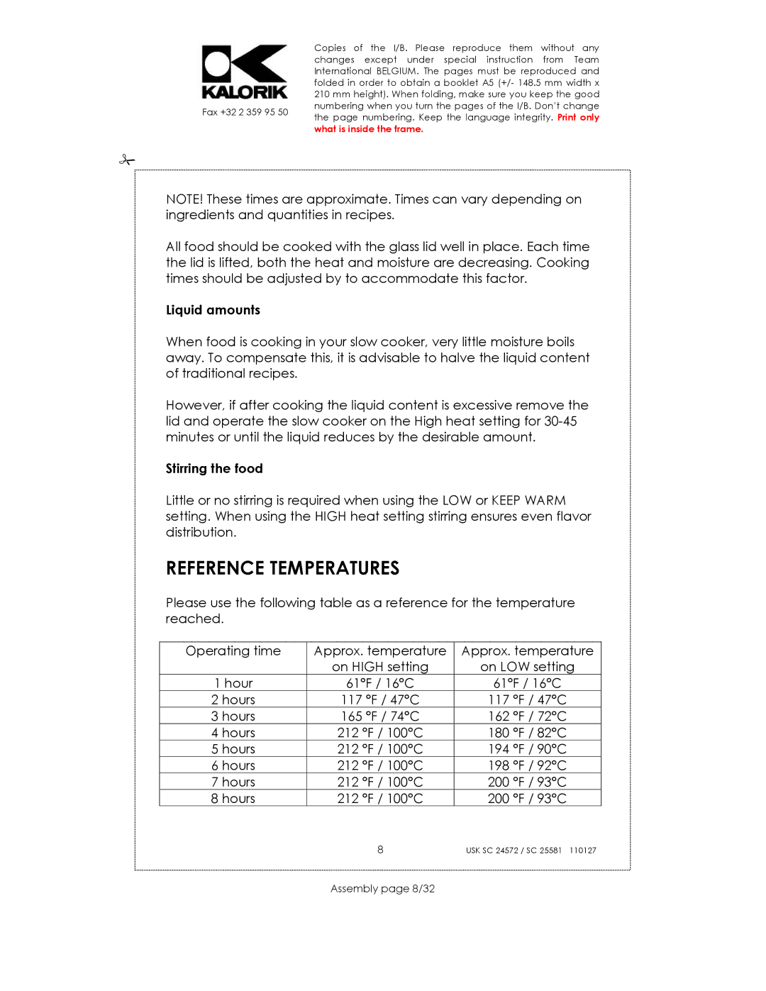 Kalorik usk sc 32553, usk sc 24752 manual Reference Temperatures, Liquid amounts, Stirring the food, Assembly page 8/32 