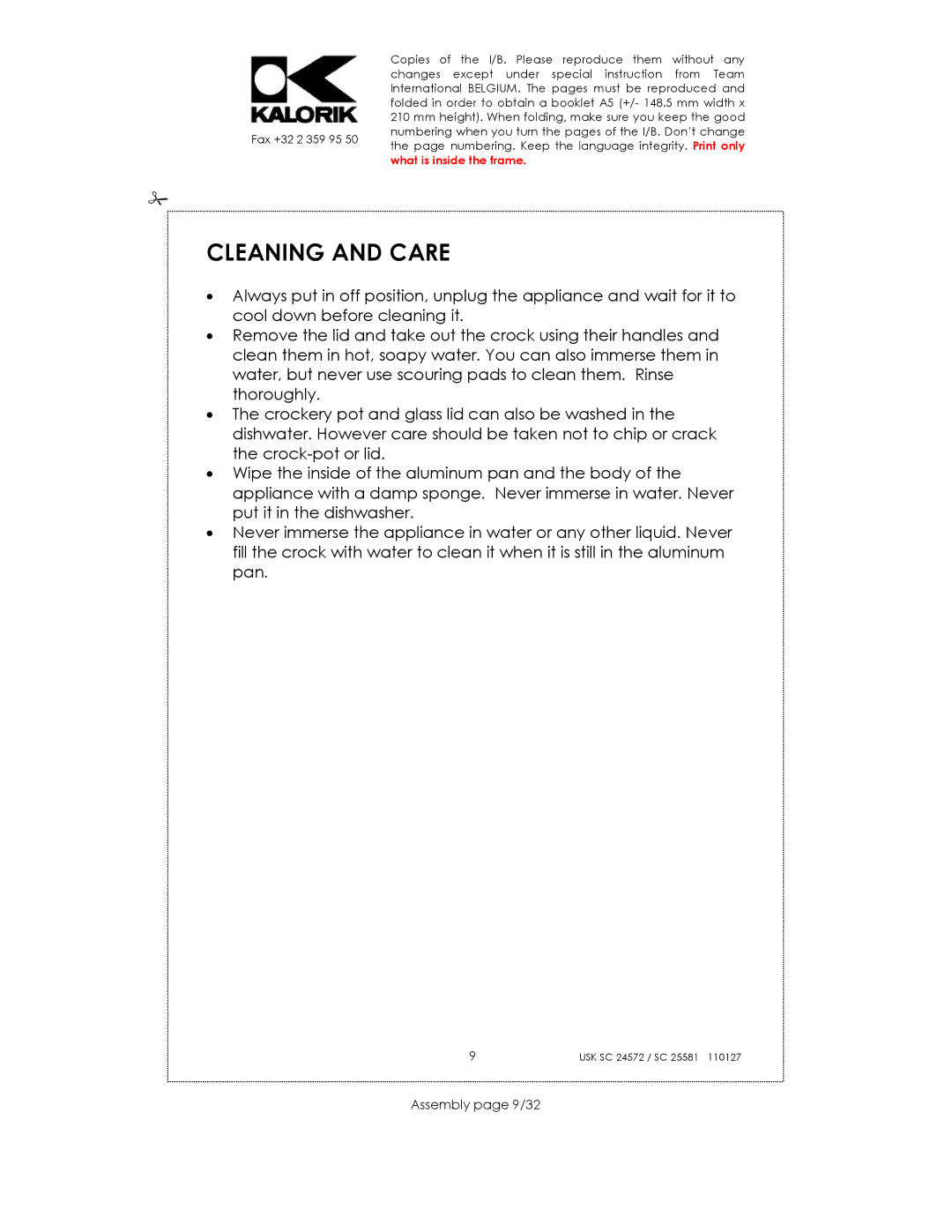 Kalorik usk sc 24752, usk sc 32553 manual Cleaning and Care, Assembly page 9/32 