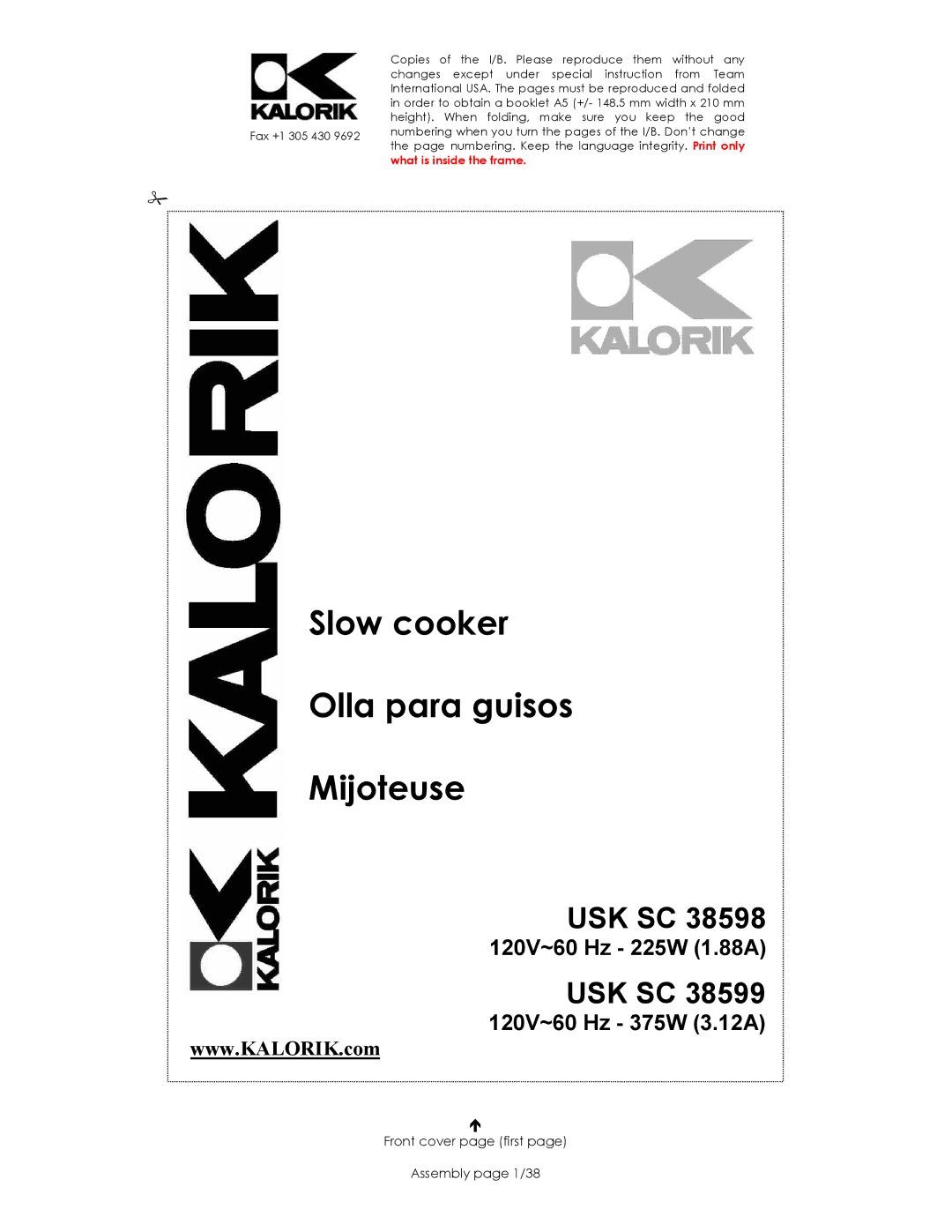 Kalorik 38599, usk sc 38598 manual Slow cooker Olla para guisos Mijoteuse, Front cover page first Assembly page 1/38 