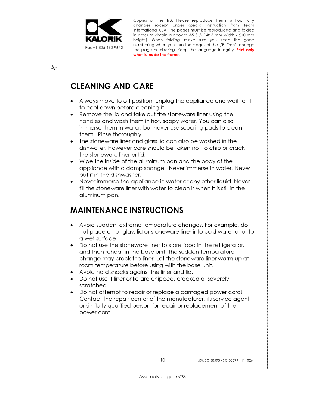 Kalorik usk sc 38598, 38599 manual Cleaning and Care, Maintenance Instructions, Assembly page 10/38 