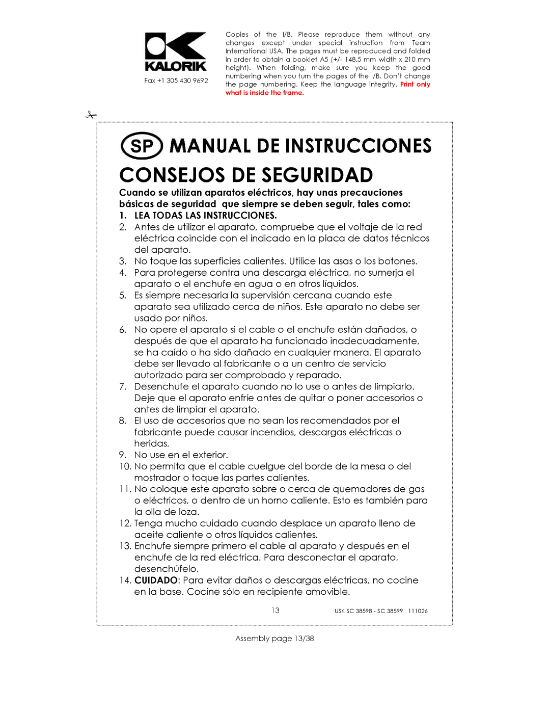 Kalorik 38599, usk sc 38598 manual Consejos DE Seguridad, Assembly page 13/38 