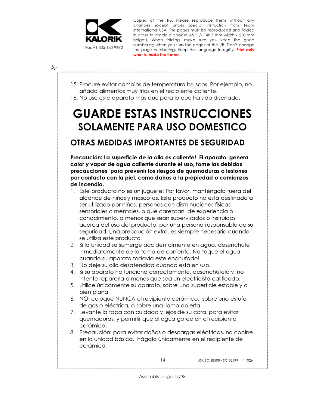 Kalorik usk sc 38598, 38599 manual Guarde Estas Instrucciones, Otras Medidas Importantes DE Seguridad, Assembly page 14/38 