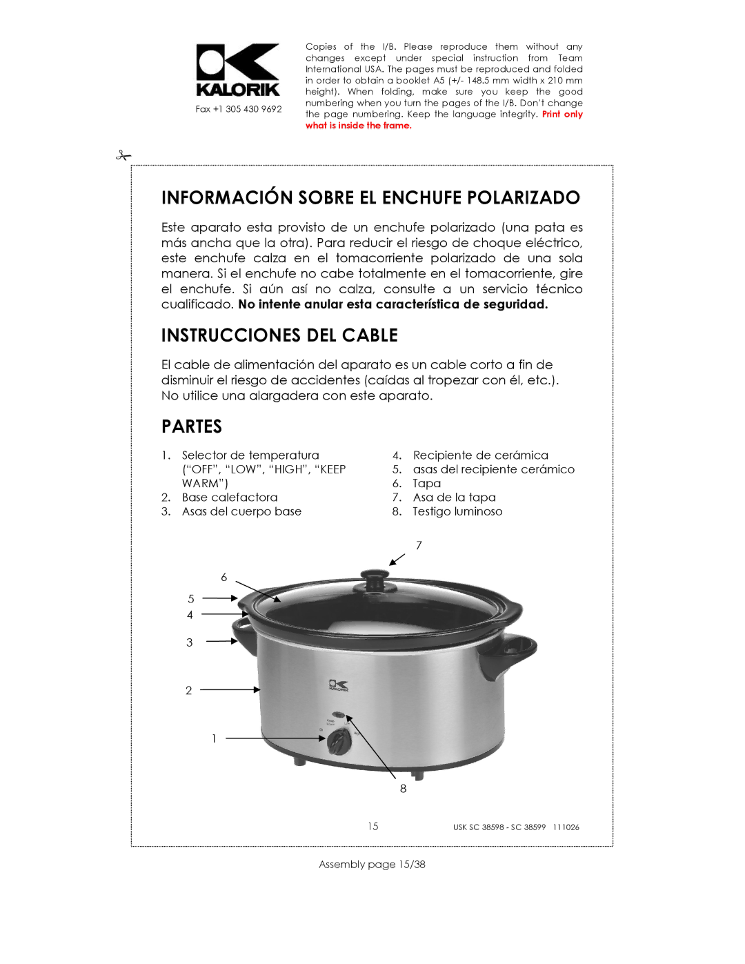 Kalorik 38599, usk sc 38598 Información Sobre EL Enchufe Polarizado, Instrucciones DEL Cable, Partes, Assembly page 15/38 