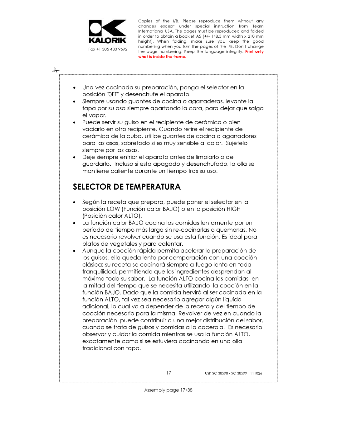 Kalorik 38599, usk sc 38598 manual Selector DE Temperatura, Assembly page 17/38 