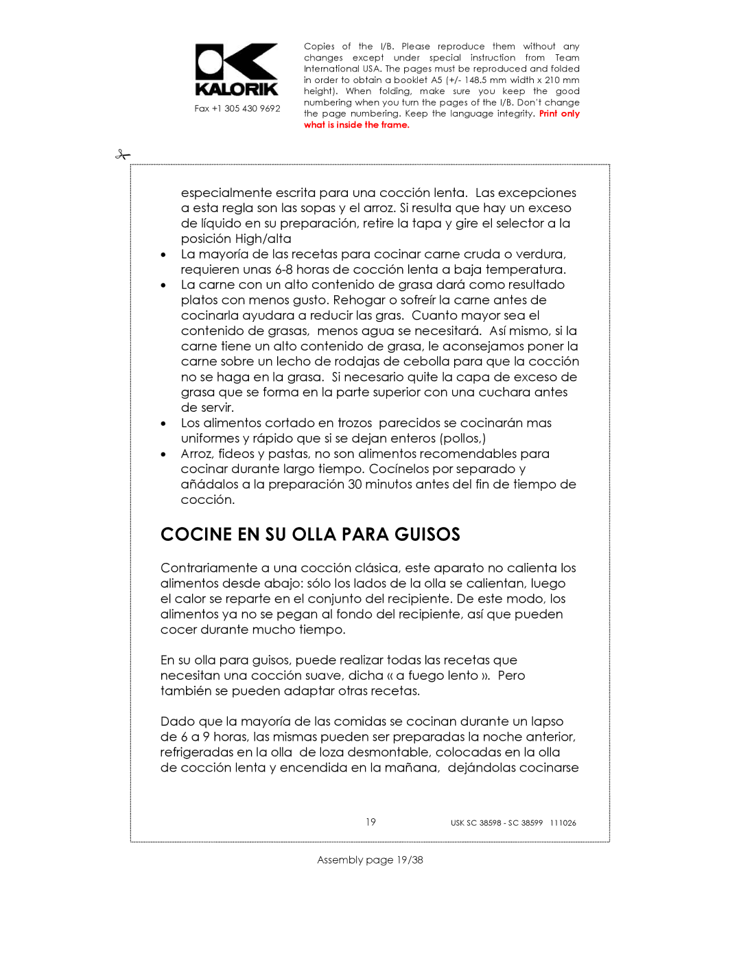 Kalorik 38599, usk sc 38598 manual Cocine EN SU Olla Para Guisos, Assembly page 19/38 