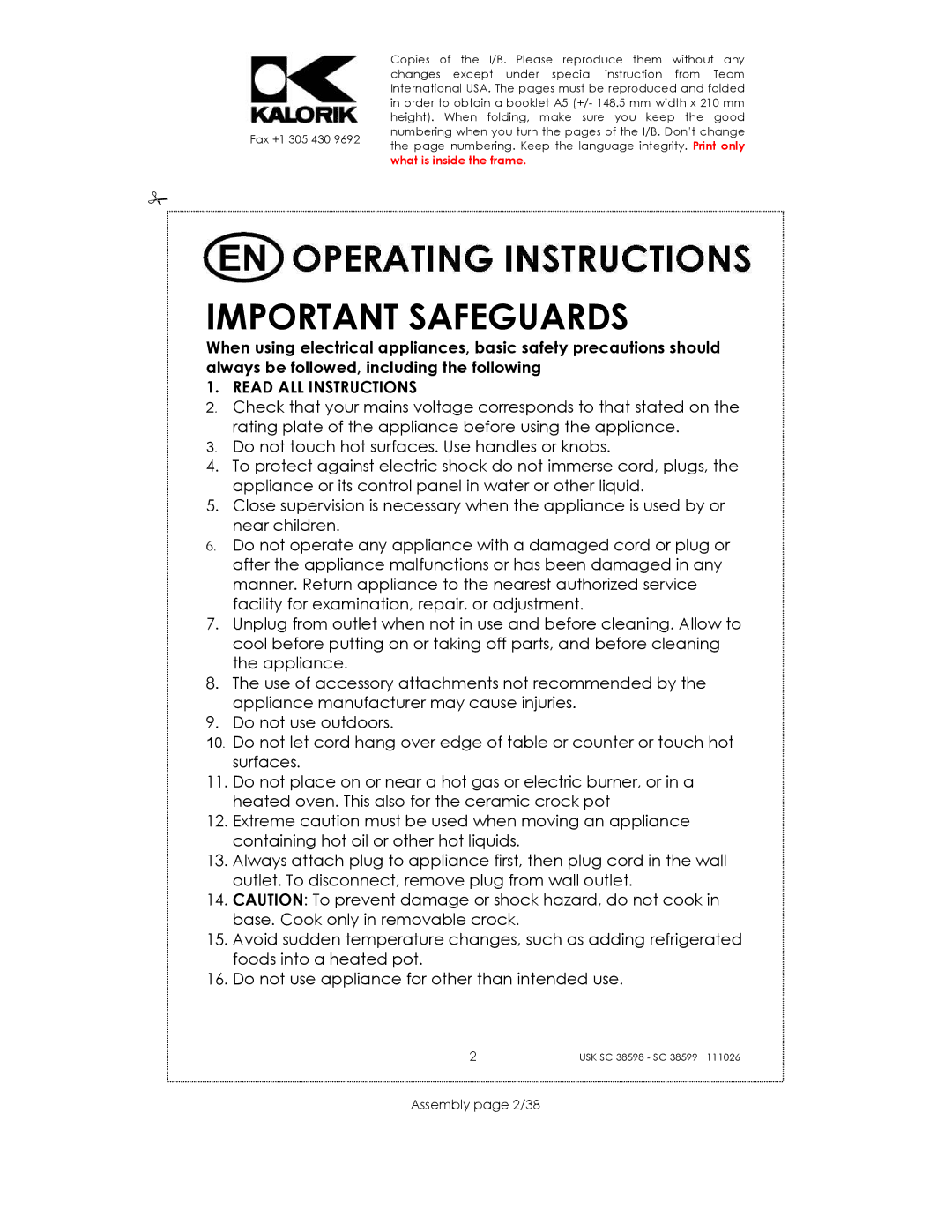 Kalorik usk sc 38598, 38599 manual Important Safeguards, Assembly page 2/38 