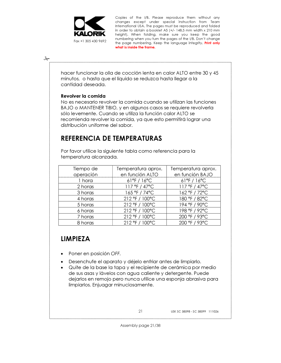 Kalorik 38599, usk sc 38598 manual Referencia DE Temperaturas, Limpieza, Revolver la comida, Assembly page 21/38 