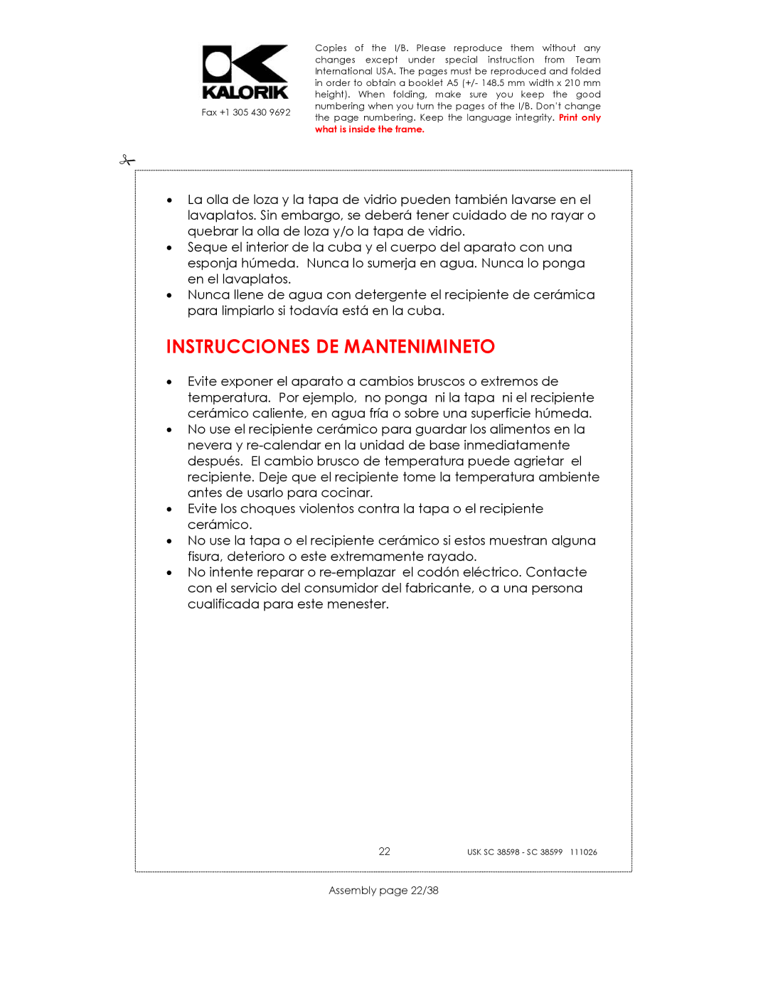 Kalorik usk sc 38598, 38599 manual Instrucciones DE Mantenimineto, Assembly page 22/38 