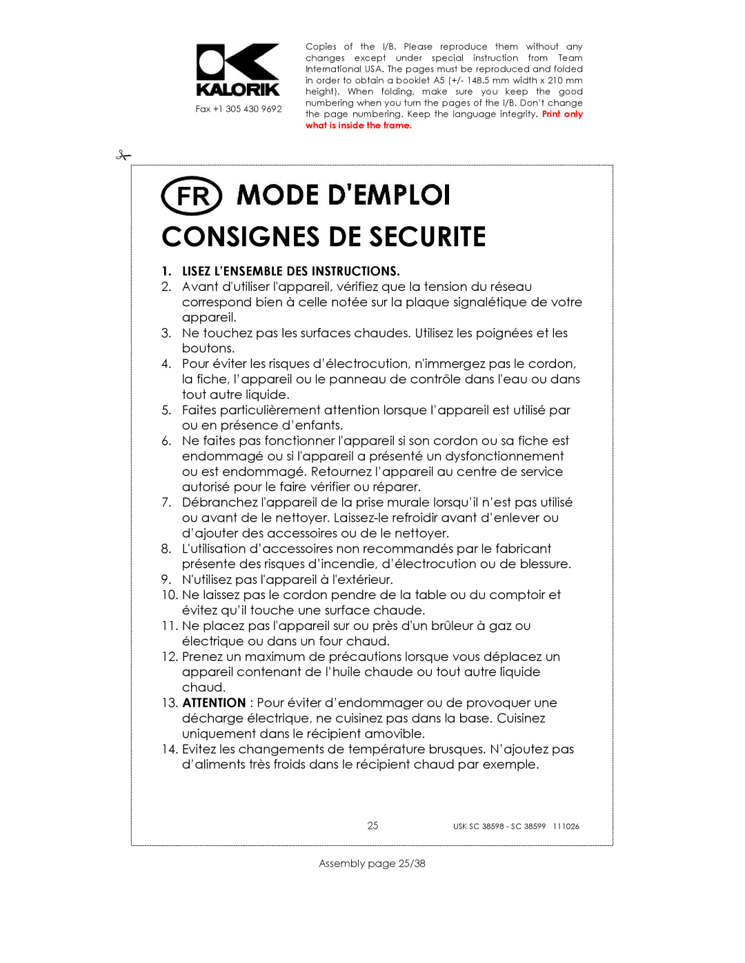 Kalorik 38599, usk sc 38598 manual Consignes DE Securite, Assembly page 25/38 