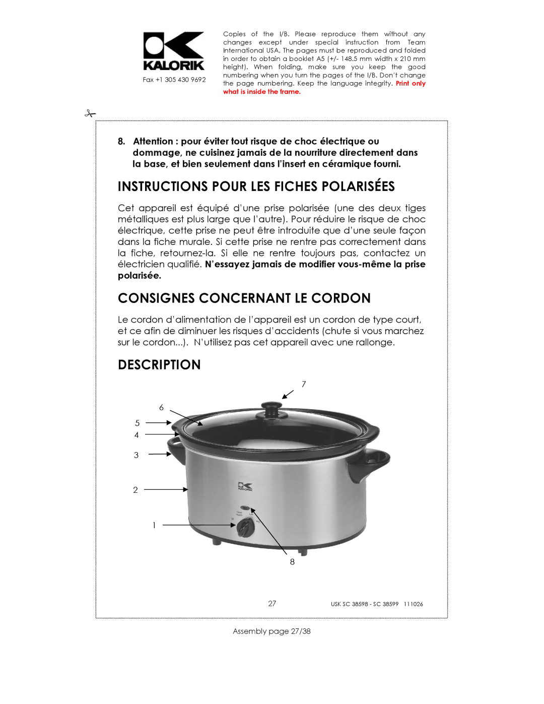 Kalorik 38599 Instructions Pour LES Fiches Polarisées, Consignes Concernant LE Cordon, Description, Assembly page 27/38 