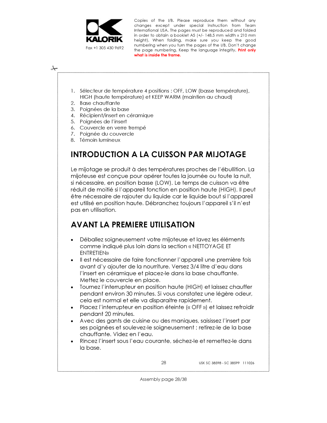 Kalorik usk sc 38598, 38599 Introduction a LA Cuisson PAR Mijotage, Avant LA Premiere Utilisation, Assembly page 28/38 