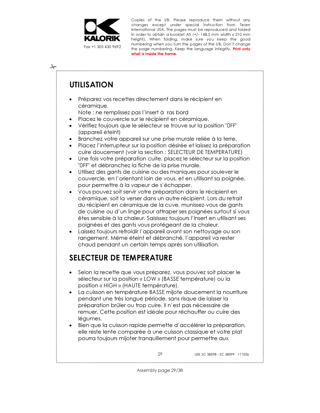 Kalorik 38599, usk sc 38598 manual Utilisation, Selecteur DE Temperature, Assembly page 29/38 