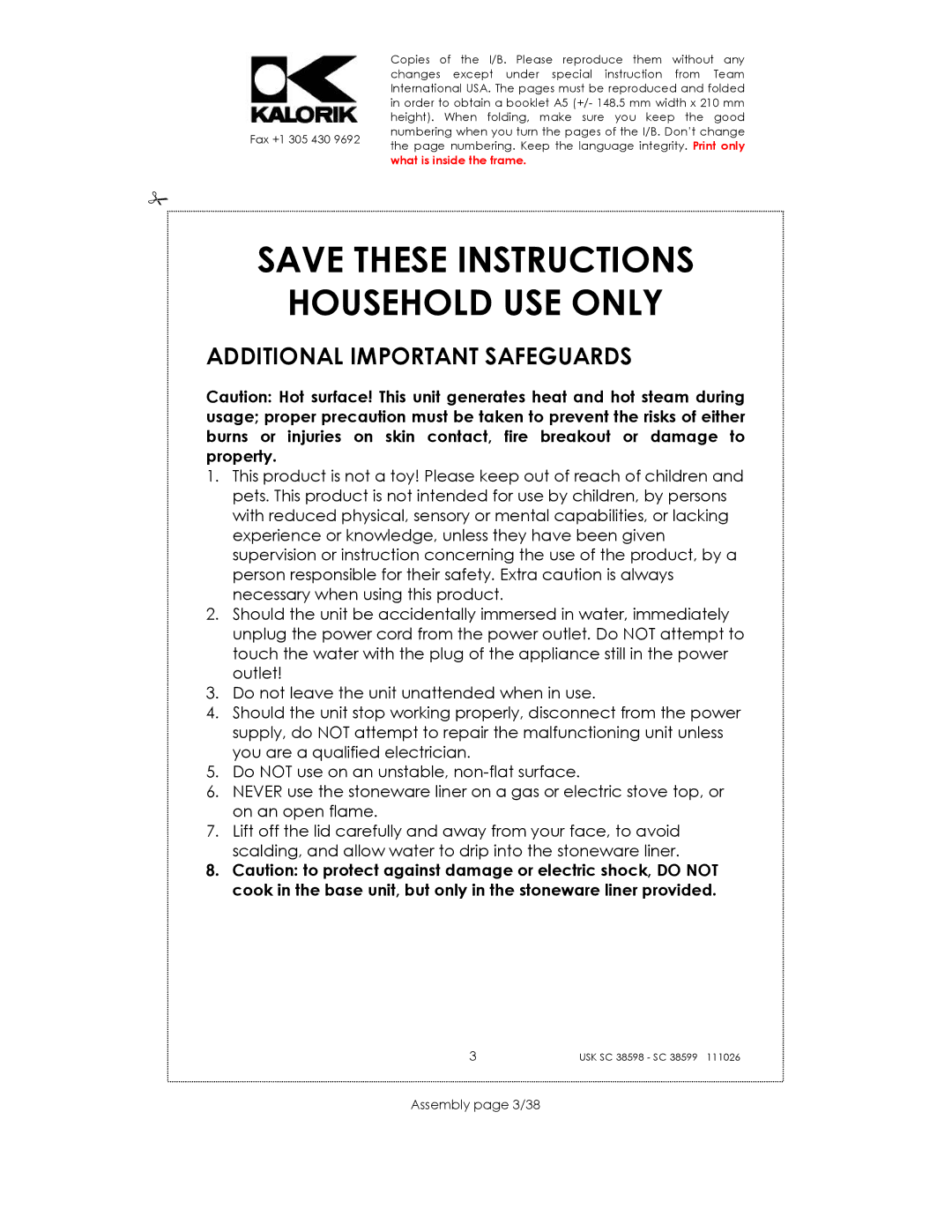 Kalorik 38599, usk sc 38598 manual Household USE only, Additional Important Safeguards, Assembly page 3/38 