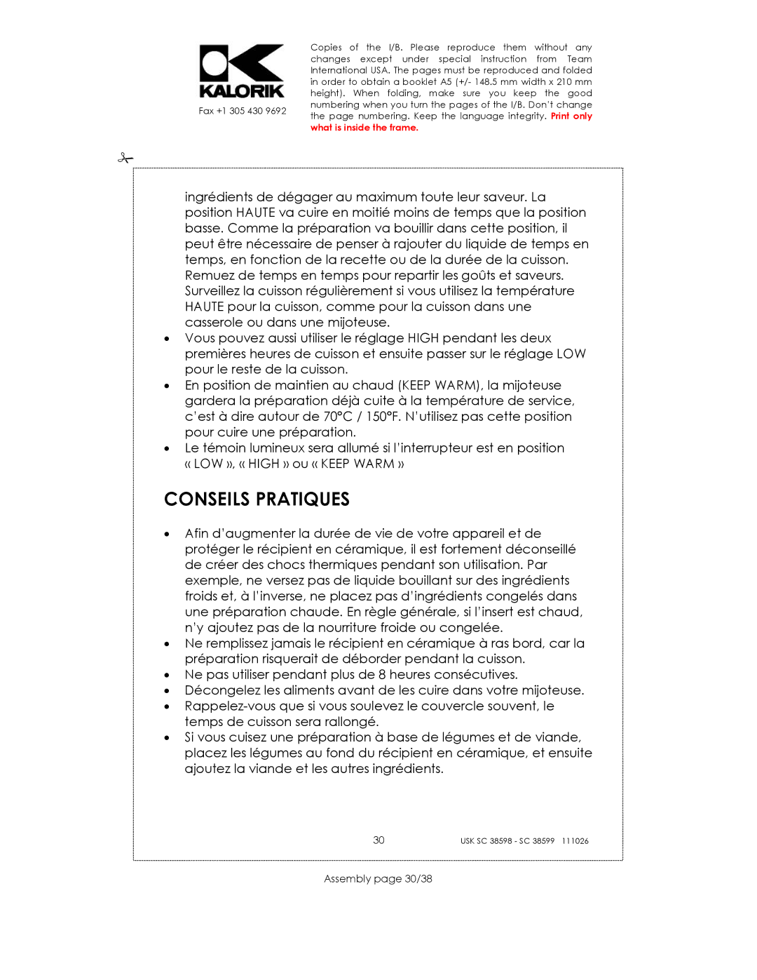 Kalorik usk sc 38598, 38599 manual Conseils Pratiques, Assembly page 30/38 