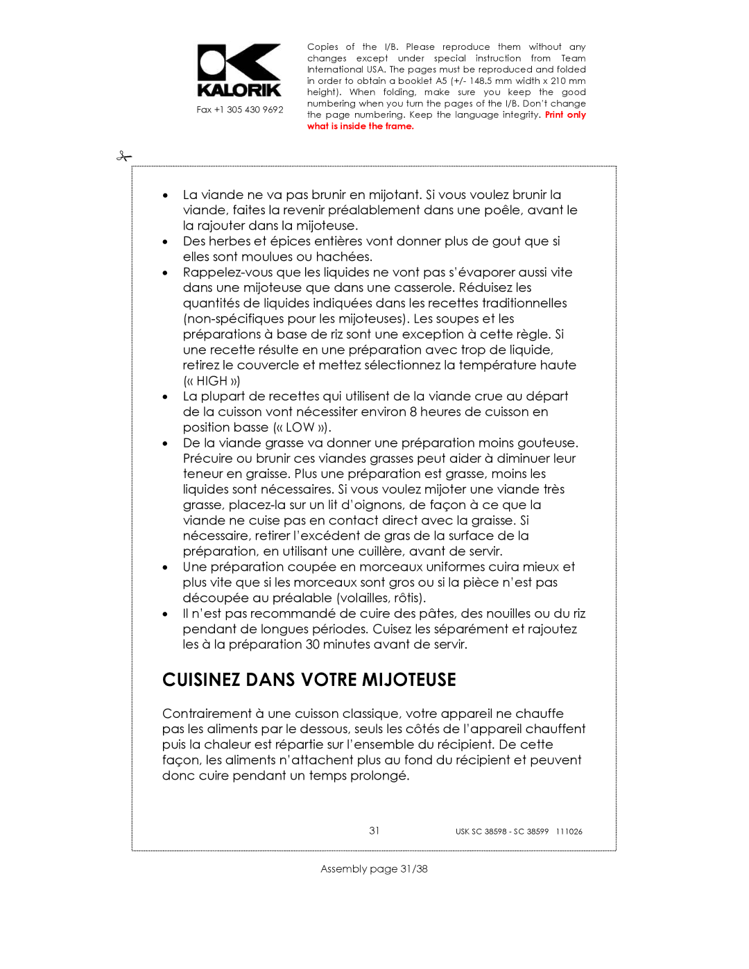 Kalorik 38599, usk sc 38598 manual Cuisinez Dans Votre Mijoteuse, Assembly page 31/38 