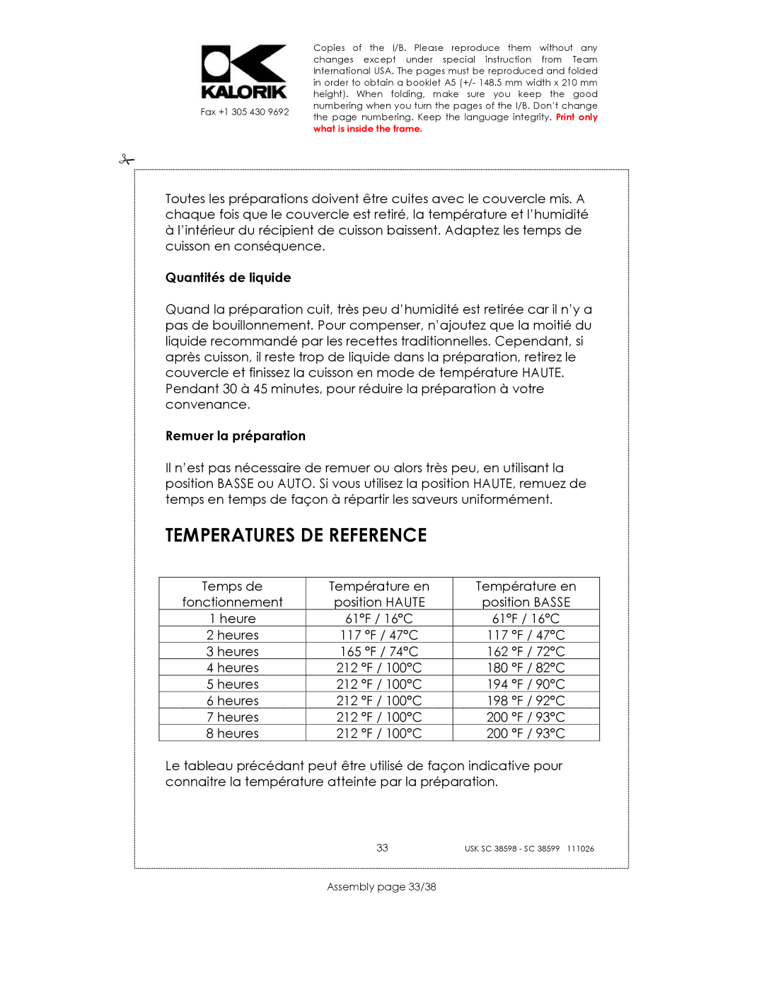 Kalorik 38599, usk sc 38598 Temperatures DE Reference, Quantités de liquide, Remuer la préparation, Assembly page 33/38 