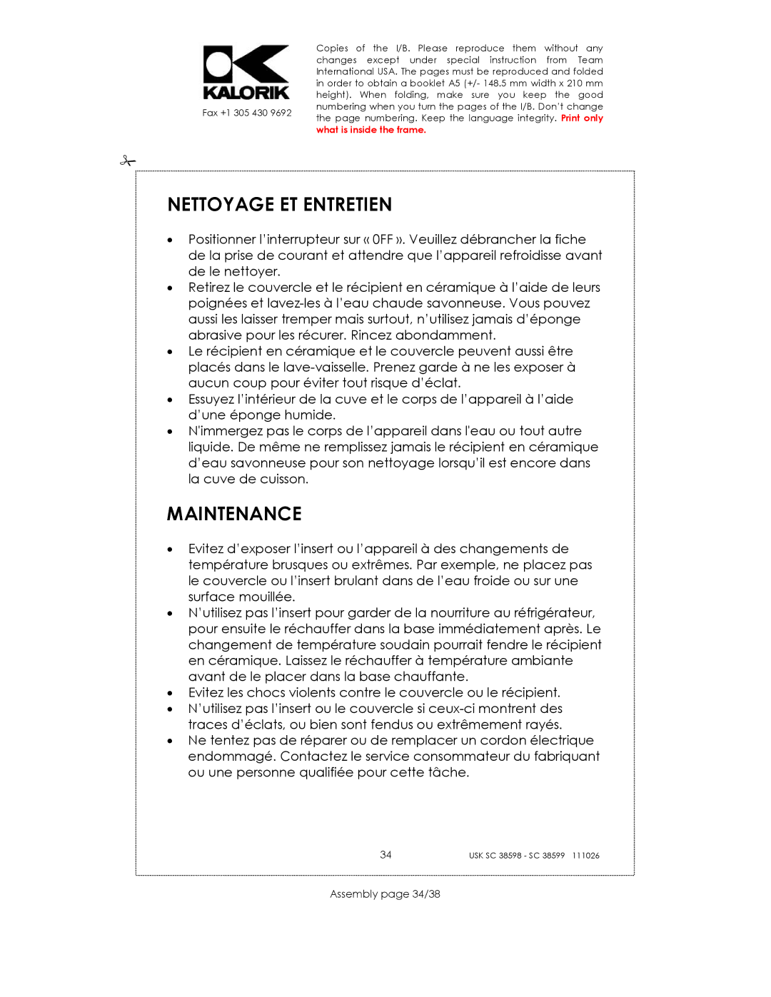 Kalorik usk sc 38598, 38599 manual Nettoyage ET Entretien, Maintenance, Assembly page 34/38 