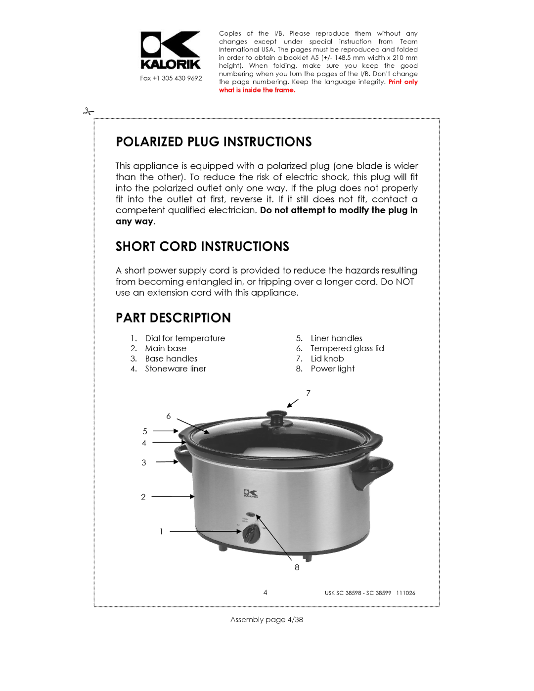 Kalorik usk sc 38598, 38599 Polarized Plug Instructions, Short Cord Instructions, Part Description, Assembly page 4/38 