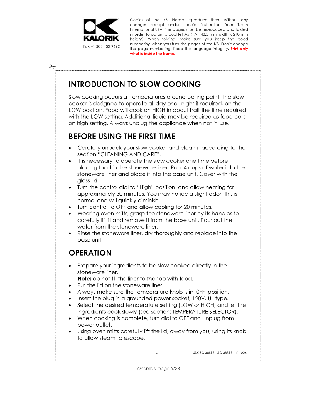 Kalorik 38599, usk sc 38598 manual Introduction to Slow Cooking, Before Using the First Time, Operation, Assembly page 5/38 