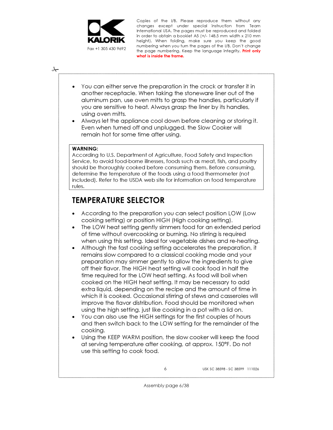 Kalorik usk sc 38598, 38599 manual Temperature Selector, Assembly page 6/38 