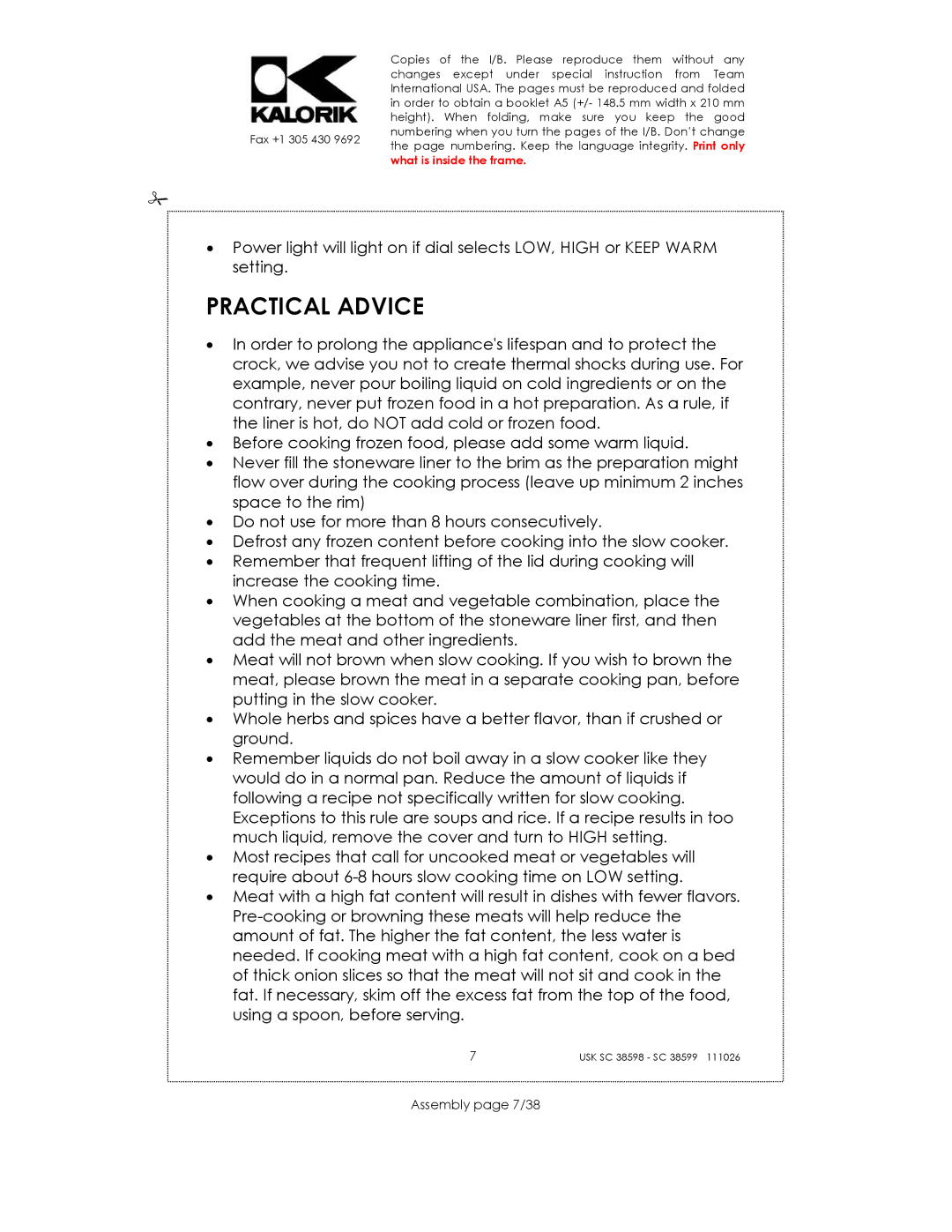 Kalorik 38599, usk sc 38598 manual Practical Advice, Assembly page 7/38 