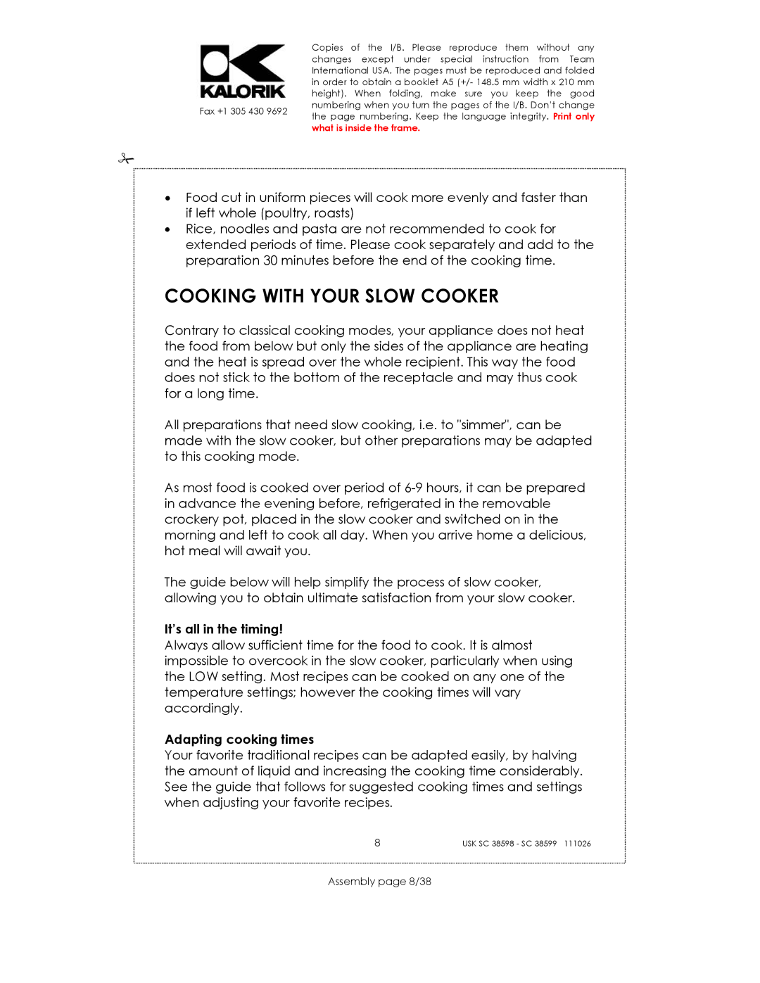 Kalorik usk sc 38598 Cooking with Your Slow Cooker, It’s all in the timing, Adapting cooking times, Assembly page 8/38 